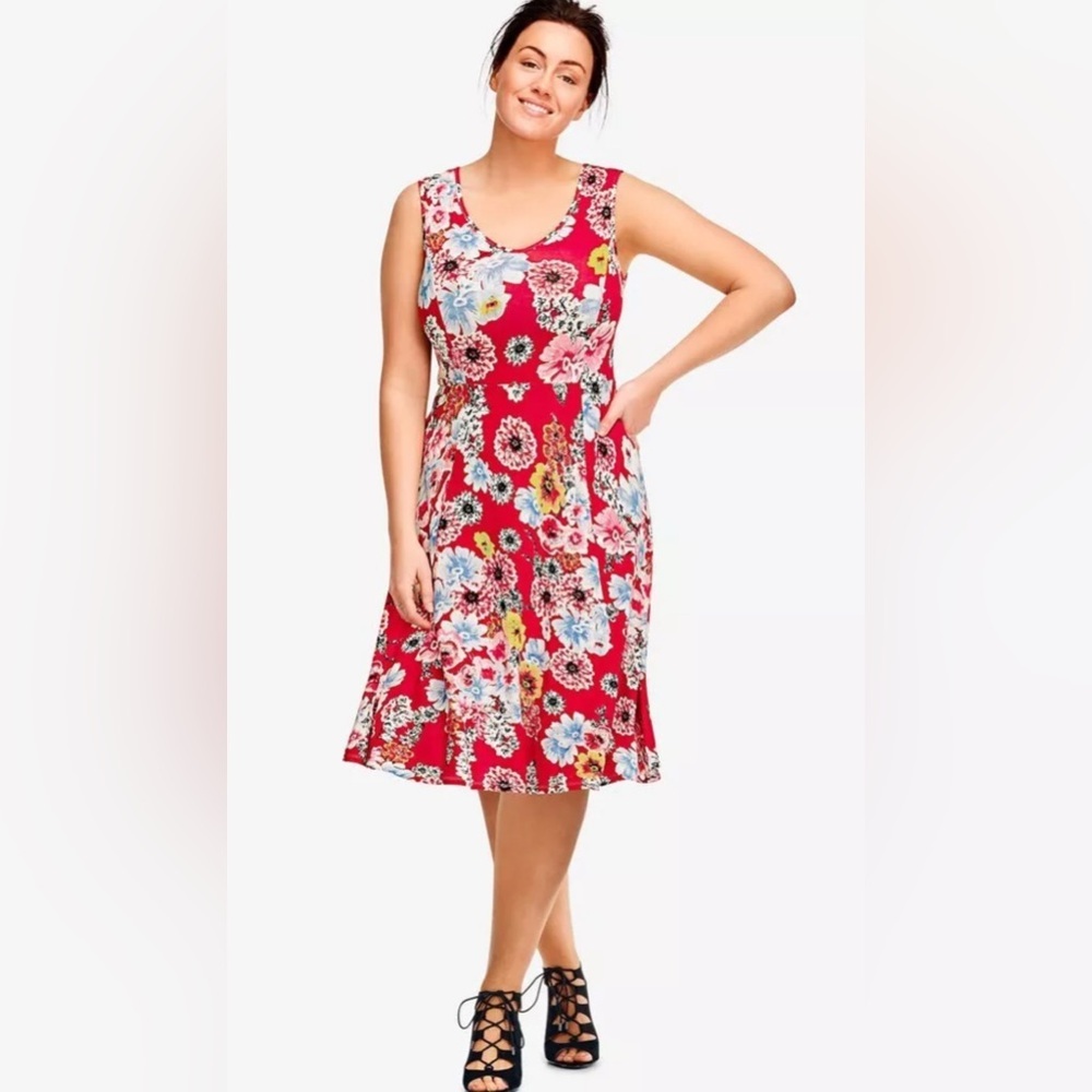 Ellos Size 26/28 2X Fit and Flare‎ Red Floral Knit Dress EUC